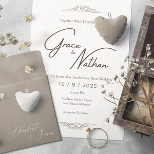 Plantilla de invitación de boda en Canva, kit minimalista con cronograma, diseño limpio y descarga de tarjeta de agradecimiento, tarjeta de anuncio.