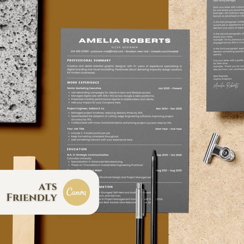 ATS Friendly Resume Template Canva and Cover Letter + References ...