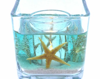 Flameless Seafoam Green Starfish Forever Candle Seascape Design With Led Tea Light For Home, Office And Gifts By The Gel Candle Company