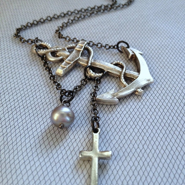 Lost at Sea Necklace by SBC AAA Platinum Silver FW Pearl Silver Anchor and Silver Cross Gunmetal Chain Made to Order