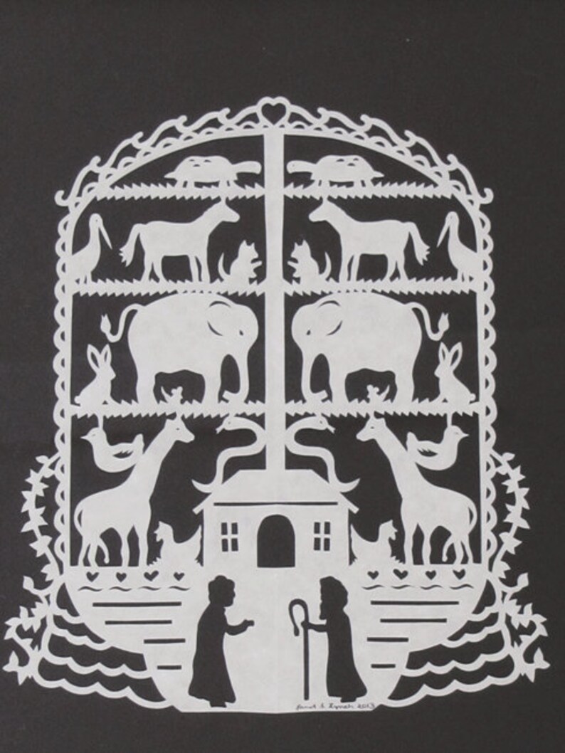 Noah's Ark Scherenschnitte Hand Paper Cutting Art Signed By Janet Lynch 10x13 Frame Included-FREE U.S. SHIPPING on additional items image 2