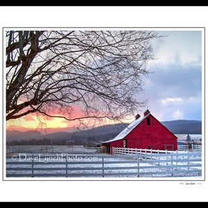 Farm Red Barn - Winter Sunrise -  Snow  - Frost WV - Allegheny Mountains - Art Photography Print by Dave Lynch