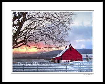 Farm Red Barn - Winter Sunrise -  Snow  - Frost WV - Allegheny Mountains - Art Photography Print by Dave Lynch