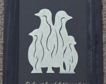Scherenschnitte - Hand Paper Cutting Art - Penguin Family - Choose Your Number Of Penguins - Signed By Janet Lynch -Frame Included