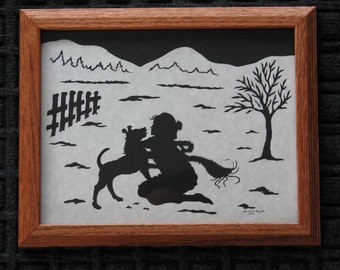 Girl and Dog In Snow - Custom Personalized  - Scherenschnitte - Hand Paper Cutting Art signed and dated By Janet Lynch - Framed