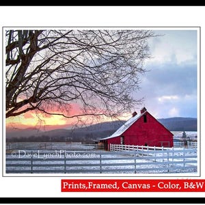 Farm Red Barn - Winter Sunrise -  Snow  - Frost WV - Allegheny Mountains - Art Photography Print by Dave Lynch