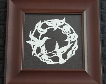 Hummingbirds - Scherenschnitte - Hand Paper Cutting Art signed and dated By Janet Lynch -8x8 Frame Included