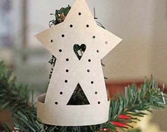 Mini Christmas Tree Toppers - Ornaments  - Scherenschnitte - Hand Paper Cutting Art From Antique Parchment - signed and dated By Janet Lynch