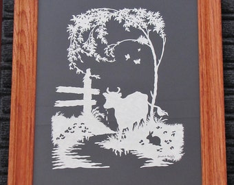 Cow At Creek  - Scherenschnitte - Hand Paper Cutting Art signed and dated By Janet Lynch -11x14 Framed