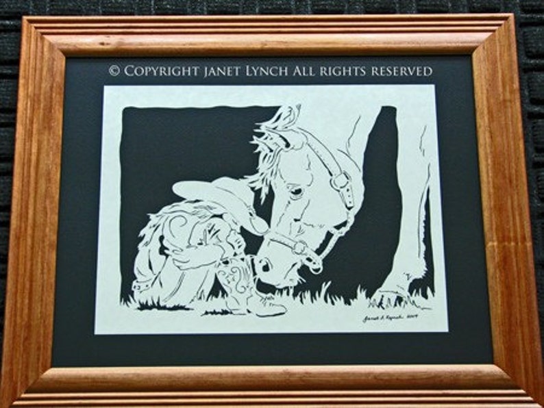 Cow Girl With Horse Scherenschnitte Hand Paper Cutting Art signed and dated By Janet Lynch 11x14 Framed image 1