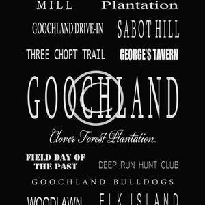 May include: Black and white typography graphic with the text "GOOCHLAND" in a large font, surrounded by smaller text listing various locations and landmarks in Goochland County, Virginia. The text includes "Clover Forest Plantation", "Tuckahoe Plantation", "Sabot Hill", "George's Tavern", "Three Chopt Trail", "Deep Run Hunt Club", "Goochland Bulldogs", "Woodlawn", "Elk Island", "Rassawek", and "James River".