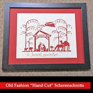 CHRISTMAS Nativity -SCHERENSCHNITTE Paper Cutting - Christian Art - Silhouette - Red and White - Framed Paper Cutting Art By Janet Lynch