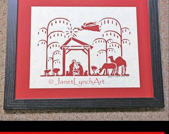 CHRISTMAS Nativity -SCHERENSCHNITTE Paper Cutting - Christian Art - Silhouette - Red and White - Framed Paper Cutting Art By Janet Lynch