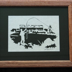 Fly Fish  - Fathers Day - Scherenschnitte - Hand Paper Cutting Art By Janet Lynch - Framed
