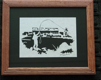 Fly Fish  - Fathers Day - Scherenschnitte - Hand Paper Cutting Art By Janet Lynch - Framed