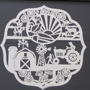 Farmer's Plaque Scherenschnitte Hand Paper Cutting Art signed and dated By Janet Lynch 12x12 Framed image 2