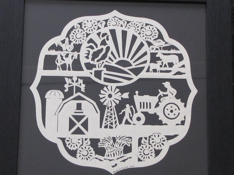 Farmer's Plaque Scherenschnitte Hand Paper Cutting Art signed and dated By Janet Lynch 12x12 Framed image 2