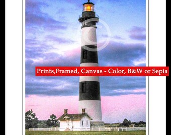 May include: A black and white striped lighthouse with a light on top against a pink and blue cloudy sky. The lighthouse is in front of a white house and a fence. The text "Prints, Framed, Canvas - Color, B&W or Sepia" is at the top of the image. The text "mFw Dave Lipuch 2009" is at the bottom of the image.