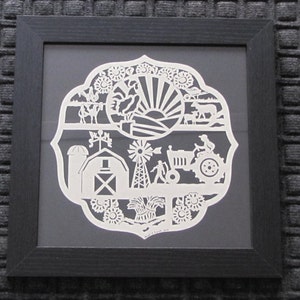 Farmer's Plaque Scherenschnitte Hand Paper Cutting Art signed and dated By Janet Lynch 12x12 Framed image 1