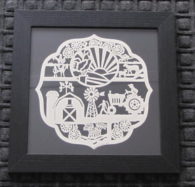Farmer's Plaque Scherenschnitte Hand Paper Cutting Art signed and dated By Janet Lynch 12x12 Framed image 1