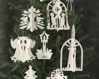 3D Christmas Ornaments - Christmas Decorations  - Scherenschnitte - Hand Sewn - Vintage Look - Hand Paper Cutting Art  By Janet Lynch