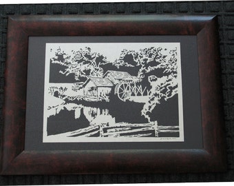 Mabry Mill - Scherenschnitte - Hand Paper Cutting Art signed and dated By Janet Lynch -13x19 Framed