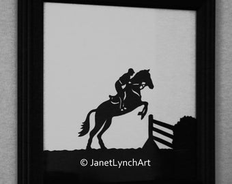 Horse Show Jump - Equine Show Jumpers - English - Hand Paper Cutting Art signed and dated By Janet Lynch - Framed