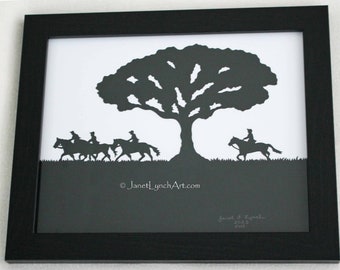 Fox Hunt Horses Hand Paper Cutting Art Scherenschnitte signed and dated By Janet Lynch Framed