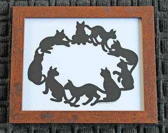 Cats In A Circle  - Scherenschnitte - Silhouette - Hand Paper Cutting Art signed and dated By Janet Lynch - Framed 8x10