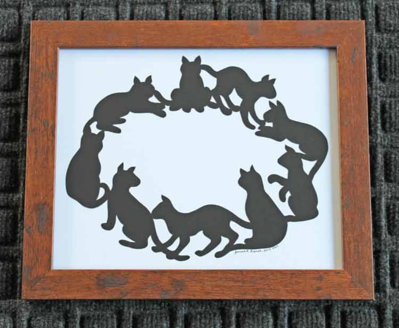 Cats In A Circle Scherenschnitte Silhouette Hand Paper Cutting Art signed and dated By Janet Lynch Framed 8x10 image 1