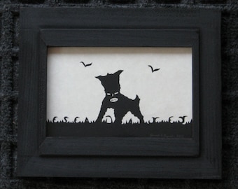 Nicks Little Dog - Custom Personalized  - Scherenschnitte - Hand Paper Cutting Art signed and dated By Janet Lynch - Framed