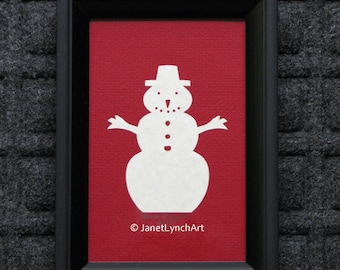 Scherenschnitte Paper Cutting Christmas Snowman - Red - Framed  5x7- Hand Cut and Signed By Janet Lynch