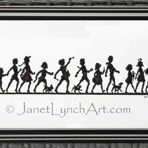 May include: Black and white silhouette artwork of children and dogs walking in a line. The last child is holding an American flag. The artwork is framed and has the text "JanetLynchArt.com" at the bottom.