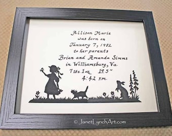 Personalized Birth Announcement,Scherenschnitte Art,Any Name,Custom Order,Hand Paper Cutting,By Richmond VA Artist Janet Lynch