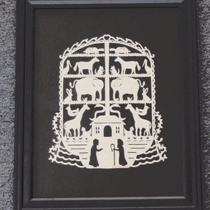 Noah's Ark Scherenschnitte Hand Paper Cutting Art Signed By Janet Lynch 10x13 Frame Included-FREE U.S. SHIPPING on additional items image 1