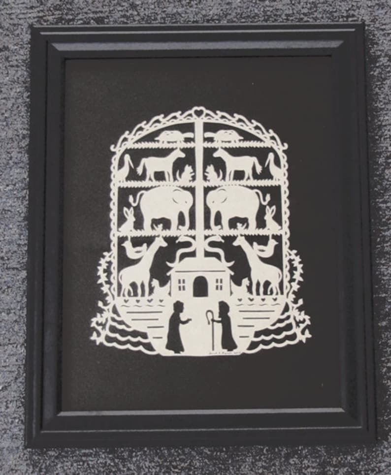 Noah's Ark Scherenschnitte Hand Paper Cutting Art Signed By Janet Lynch 10x13 Frame Included-FREE U.S. SHIPPING on additional items image 1
