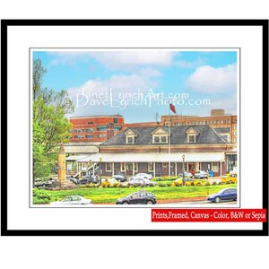 May include: A watercolor painting of a brick building with a red, white, and blue American flag flying from the roof. The building has a large, arched entrance and several windows. There are cars parked in front of the building, and a green lawn in the foreground.