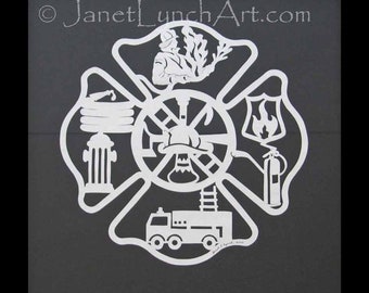 Fireman's Plaque -Scherenschnitte -  Hand Paper Cutting Art signed dated by Janet Lynch framed 12x12