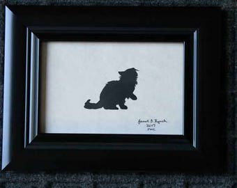 Sneaky Cat - Scherenschnitte - Silhouette - Hand Paper Cutting Art signed and dated By Janet Lynch -4x6 Framed