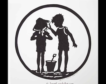 Boy and Girl On Beach  - Sea Shell - Sand Bucket - Ocean - Scherenschnitte - Hand Paper Cutting Art signed and dated By Janet Lynch - Framed