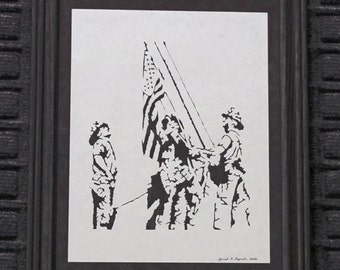 9 11 - 3 Firefighters Raising  Flag - Ground Zero - Scherenschnitte - Hand Paper Cutting Art signed and dated By Janet Lynch -10x13 Framed