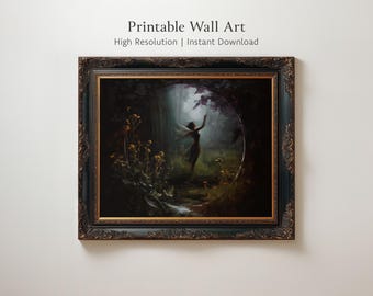 Fairy in Woodland Forest schilderij, donkere fantasie afdrukbare muurkunst, mystieke mythologie Fae print, gotisch grillig decor | 375197
