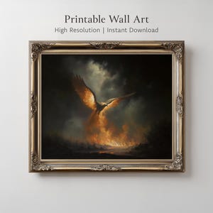 Gothic Phoenix Rising Painting, Dark Fantasy Mythical Printable Wall Art, Moody Fiery Bird Artwork Print, Magical Mythology Decor | 822621