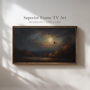 May include: A framed artwork titled "Superior Frame TV Art" with a 4k Ultra HD resolution. The image shows a nighttime landscape with a full moon, a witch on a broom, and dark, moody colours. The frame is gold.