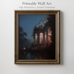 Moody Twilight Garden Greenhouse Painting, Romantic Architecture Printable Wall Art, Dusk Botanical Print, Gothic Cottagecore Decor | 617187