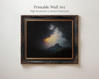 Dark Fantasy Gothic Castle Painting, Moody Printable Wall Art, Stormy Cloudy Landscape Print, Atmospheric Medieval Decor | 467733