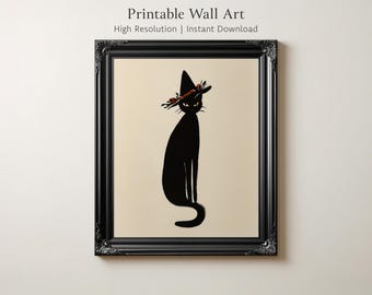 Gothic Halloween Black Cat Painting, Witch Cat Printable Wall Art, Minimal Autumn Animal Print, Neutral Vintage Spooky Fall Decor | 307674