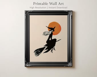 Retro Flying Witch Painting, Vintage Halloween Printable Wall Art, Minimalist Autumn Moon Silhouette Print, Neutral Witchcore Decor | 977378