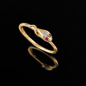Very sweet 14K gold snake ring with diamond and ruby eyes image 1