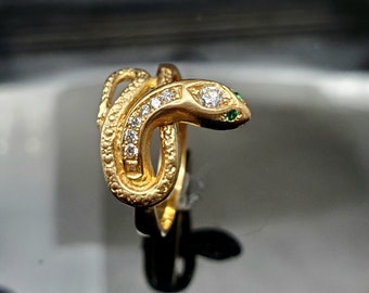 14K Gold Snake Ring with Diamonds and Emerald Eyes
